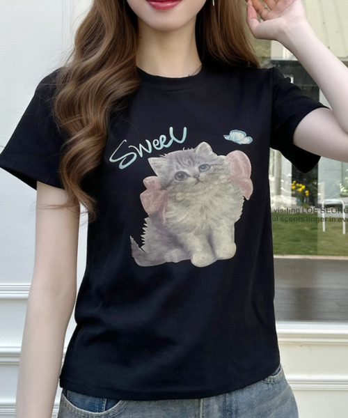 Ada.(エイダ)の「キャットプリントデザイン 半袖Tシャツ(Tシャツ/カットソー・レディース・アイボリー/ブラック/グレー・FREE)」の11枚目の写真