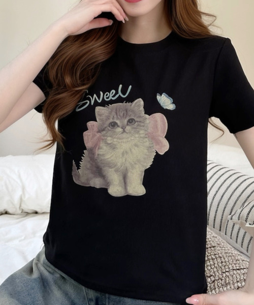 Ada.(エイダ)の「キャットプリントデザイン 半袖Tシャツ(Tシャツ/カットソー・レディース・アイボリー/ブラック/グレー・FREE)」の9枚目の写真