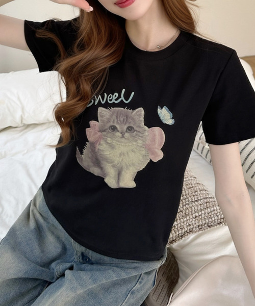 Ada.(エイダ)の「キャットプリントデザイン 半袖Tシャツ(Tシャツ/カットソー・レディース・アイボリー/ブラック/グレー・FREE)」の15枚目の写真