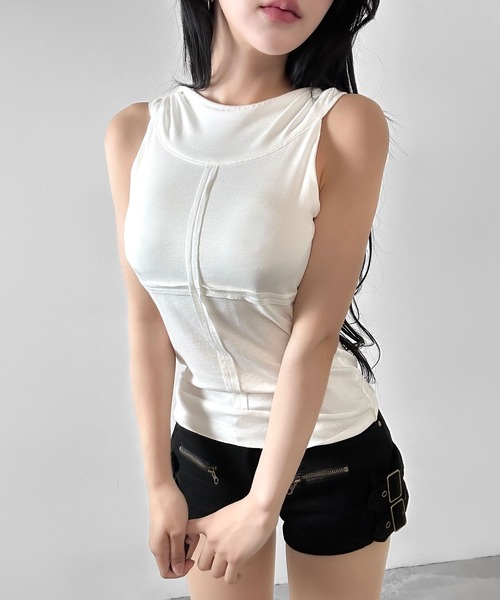 FOLLOWIN(フォロウィン)の「3color/切替デザイン フード付きタンクトップ(タンクトップ・レディース・グレー/ブラック/ホワイト・FREE)」の5枚目の写真