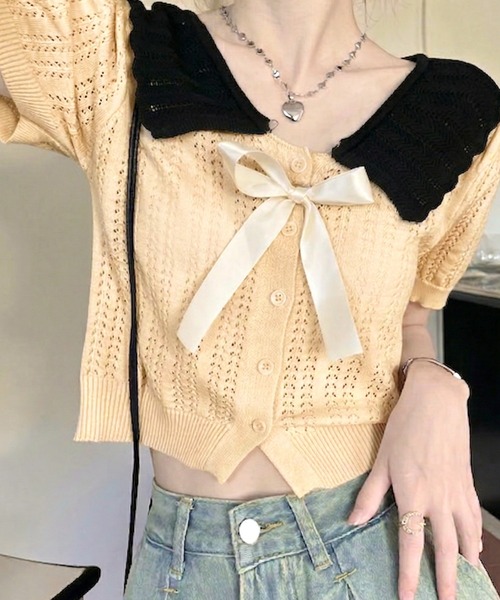 lulufa（ルルファ）の「フロントリボンビッグカラーニットカーデ（カーディガン/ボレロ・レディース・グレー/アイボリー/ブラック・FREE）」の14枚目の写真