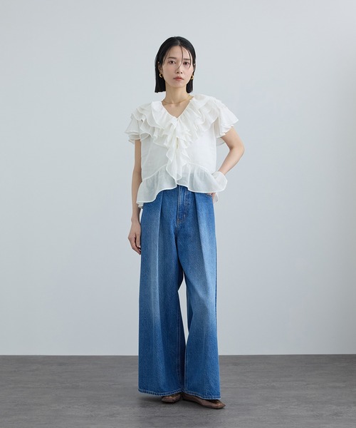 SALON adam et rope'(サロン アダム エ ロペ)の「【WEB限定】コットンオーガンジーラッフルフリルブラウス(シャツ/ブラウス・レディース・ブラック/オフホワイト・FREE)」の7枚目の写真