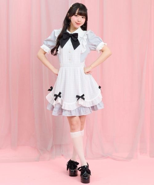Secret Honey（シークレットハニー）の「半袖エプロン切替ワンピース（ワンピース・レディース・グレー/ホワイト×ブラック・MEDIUM）」の3枚目の写真