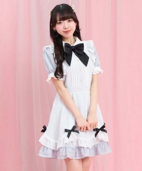 Secret Honey（シークレットハニー）の「半袖エプロン切替ワンピース（ワンピース・レディース・グレー/ホワイト×ブラック・MEDIUM）」の4枚目の写真