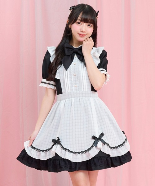 Secret Honey（シークレットハニー）の「半袖エプロン切替ワンピース（ワンピース・レディース・グレー/ホワイト×ブラック・MEDIUM）」の7枚目の写真