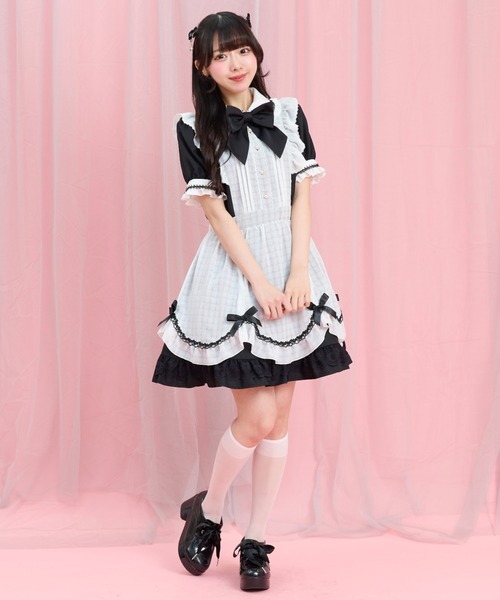Secret Honey（シークレットハニー）の「半袖エプロン切替ワンピース（ワンピース・レディース・グレー/ホワイト×ブラック・MEDIUM）」の6枚目の写真