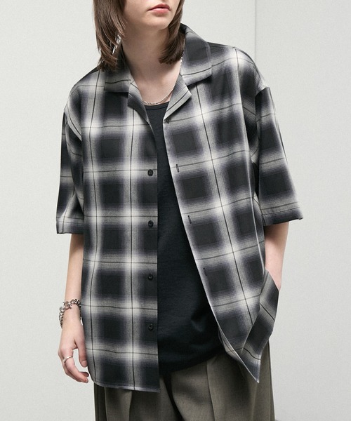 セール】【Alfred Alex】Ombre Check Open Collar Shirt / オンブレ