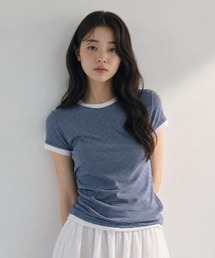 アンバランスストライプ配色Tシャツブルー