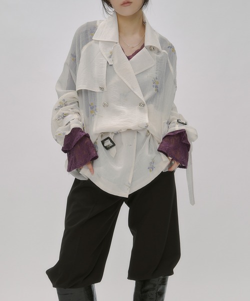 セール】Embroidery sheer trench coat/刺繍シアートレンチコート