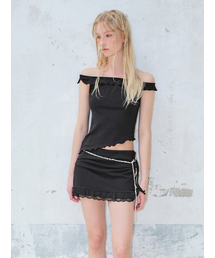 Eyelet Ruffle Off Shoulder T-Shirt, Black