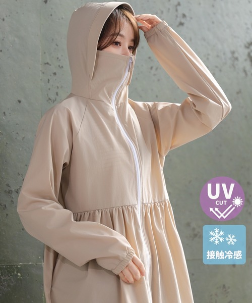 TeddyShop(テディショップ)の「【UVカット率99%以上/UPF50+/接触冷感/ふわっと超軽量】長袖フード×フェイスカバー付き360度隙なしペプラムフリルラッシュガードトップス レディース(パーカー・レディース・カーキ/ダークグレー/ホワイト/ライトベージュ/ブラック・S/L/M)」の4枚目の写真