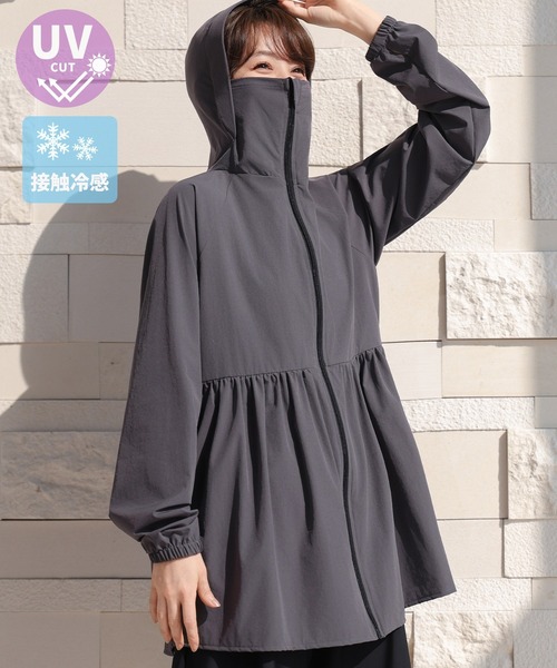 TeddyShop(テディショップ)の「【UVカット率99%以上/UPF50+/接触冷感/ふわっと超軽量】長袖フード×フェイスカバー付き360度隙なしペプラムフリルラッシュガードトップス レディース(パーカー・レディース・カーキ/ダークグレー/ホワイト/ライトベージュ/ブラック・S/L/M)」の3枚目の写真