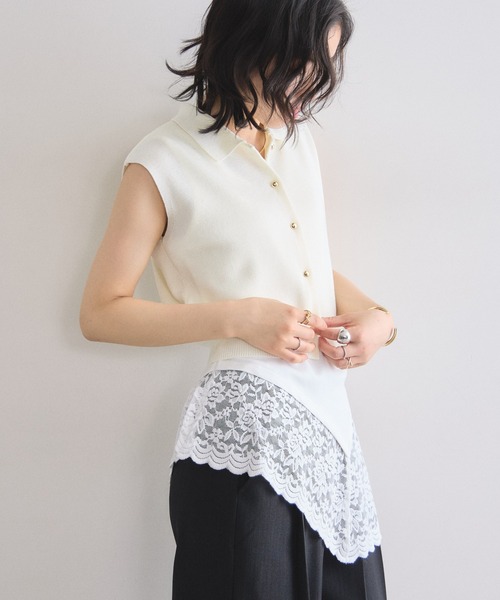 &. NOSTALGIA（アンドドットノスタルジア）の「スカラップレースアシンメトリーノースリトップス（Tシャツ/カットソー・レディース・ブラック/ホワイト・M）」の7枚目の写真