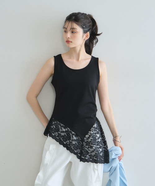 &. NOSTALGIA（アンドドットノスタルジア）の「スカラップレースアシンメトリーノースリトップス（Tシャツ/カットソー・レディース・ブラック/ホワイト・M）」の19枚目の写真