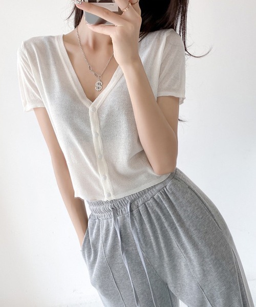 lulufa(ルルファ)の「Vネック サマーニット シアー カーデ 半袖(カーディガン/ボレロ・レディース・ホワイト/ブラック/ライトブルー・FREE)」の4枚目の写真