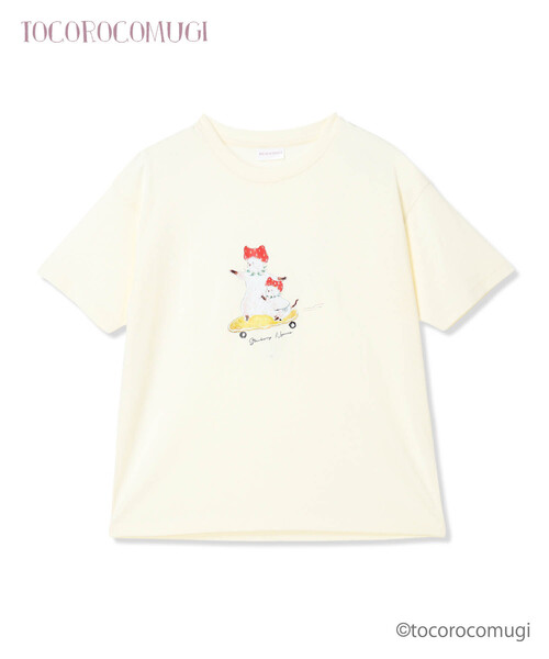CROSSPLUS ONLINE（クロスプラスオンライン）の「トコロコムギいちごにゃんこ半袖Tシャツ（Tシャツ/カットソー・レディース・アイボリー/チャコールグレー・M/L）」の9枚目の写真