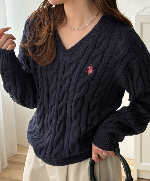 h*u様 BALENCIAGA ブラック ニットポロセーター GeeRA別注【U.S. POLO ASSN.】Vネックケーブルニット（ニット