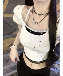 リボン柄 レイヤード風 レーストリム クロップドTシャツ