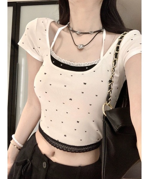nonomi(ノノミ)の「リボン柄 レイヤード風 レーストリム クロップドTシャツ(Tシャツ/カットソー・レディース・ホワイト・L/M)」の2枚目の写真