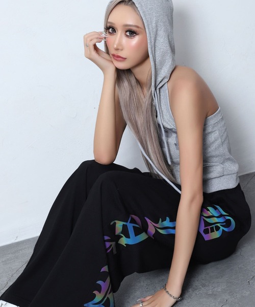 BLACKQUEEN(ブラッククイーン)の「【BLACKQUEEN】リフレクタープリントパンツ(スウェットパンツ・レディース・ホワイト/ブラック・M)」の1枚目の写真