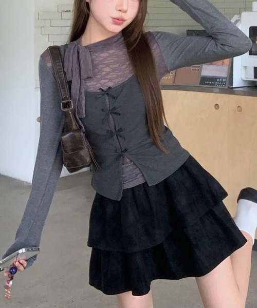AsheKsha(アシクシャ)の「レースリボン付き長袖インナー+ベスト2点セット(セットアップ・レディース・グレー・M)」の6枚目の写真