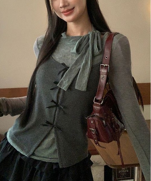 AsheKsha(アシクシャ)の「レースリボン付き長袖インナー+ベスト2点セット(セットアップ・レディース・グレー・M)」の8枚目の写真