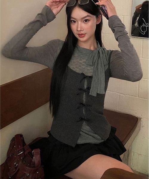 AsheKsha(アシクシャ)の「レースリボン付き長袖インナー+ベスト2点セット(セットアップ・レディース・グレー・M)」の9枚目の写真