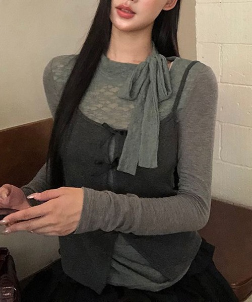 AsheKsha(アシクシャ)の「レースリボン付き長袖インナー+ベスト2点セット(セットアップ・レディース・グレー・M)」の10枚目の写真