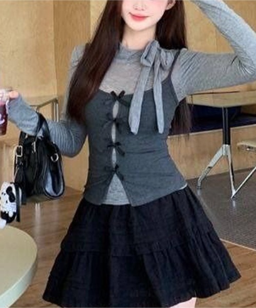 AsheKsha(アシクシャ)の「レースリボン付き長袖インナー+ベスト2点セット(セットアップ・レディース・グレー・M)」の12枚目の写真