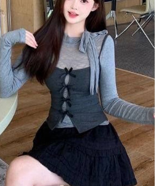 AsheKsha(アシクシャ)の「レースリボン付き長袖インナー+ベスト2点セット(セットアップ・レディース・グレー・M)」の13枚目の写真