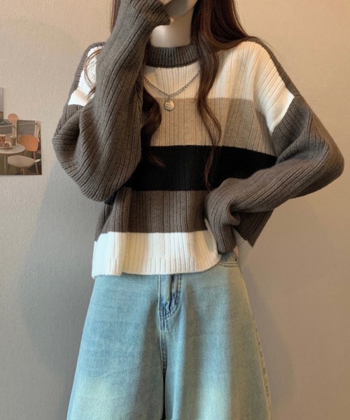 LUCPY（ラクピー）の「配色ボーダーシアーニットプルオーバー（その他トップス・レディース・グレー/ブラウン/ホワイト/ブラック・FREE）」の4枚目の写真