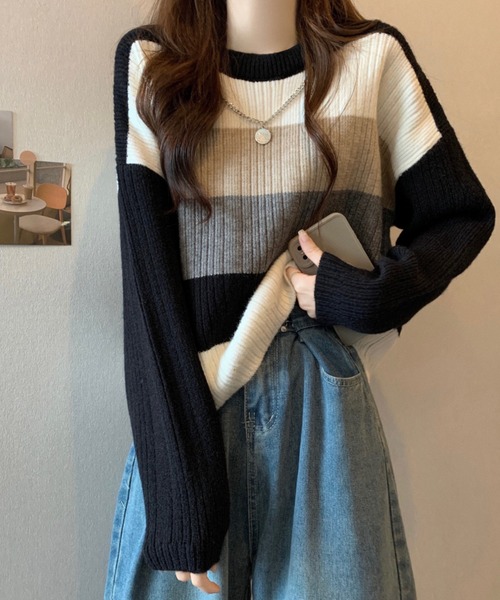 LUCPY（ラクピー）の「配色ボーダーシアーニットプルオーバー（その他トップス・レディース・グレー/ブラウン/ホワイト/ブラック・FREE）」の2枚目の写真