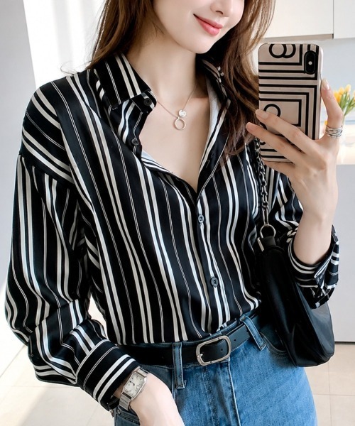 Amulet(アミュレット)の「ストライプ長袖シャツ(シャツ/ブラウス・レディース・ホワイト/ブラック・L/M/S/XL)」の10枚目の写真