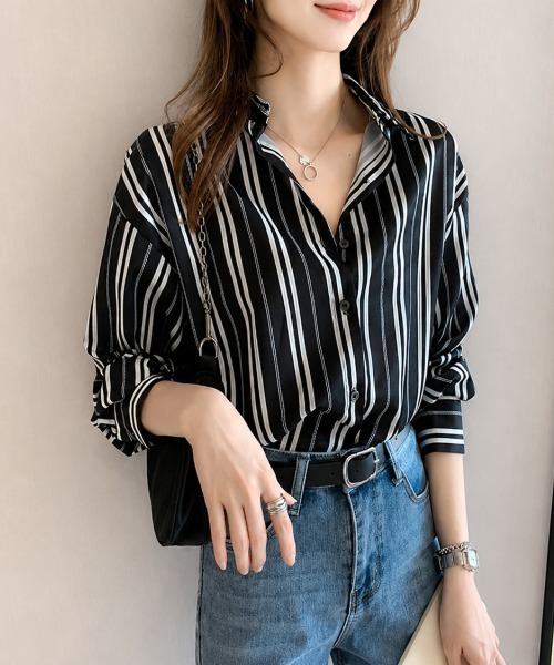 Amulet(アミュレット)の「ストライプ長袖シャツ(シャツ/ブラウス・レディース・ホワイト/ブラック・L/M/S/XL)」の12枚目の写真