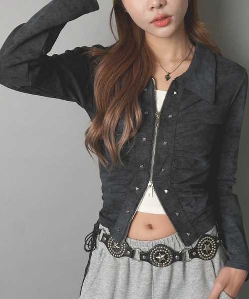 SPINNS(スピンズ)の「ムラ染め風長袖ジップカットソー/スタッズ/ガールズストリート(Tシャツ/カットソー・レディース・グレー/ブラック/オフホワイト・ONESIZE)」の11枚目の写真