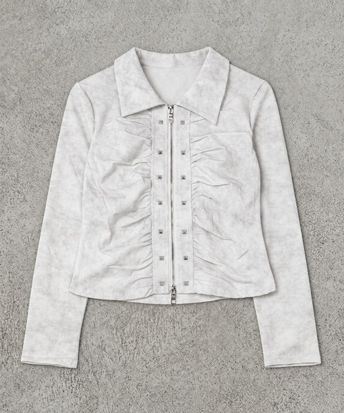 SPINNS(スピンズ)の「ムラ染め風長袖ジップカットソー/スタッズ/ガールズストリート(Tシャツ/カットソー・レディース・グレー/ブラック/オフホワイト・ONESIZE)」の6枚目の写真