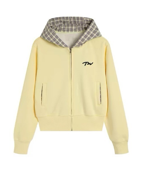 AsRiRe(アスリレイ)の「26aw チェック柄フード切替ワンポイント刺繍ショート丈ジップパーカー(パーカー・レディース・イエロー・M)」の5枚目の写真