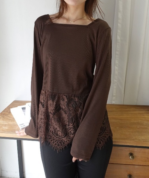 CORNERS(コーナーズ)の「前後2way裾レース長袖リブトップス(Tシャツ/カットソー・レディース・ブラウン/オフホワイト/ブラック・M)」の1枚目の写真