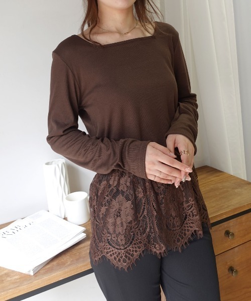 CORNERS(コーナーズ)の「前後2way裾レース長袖リブトップス(Tシャツ/カットソー・レディース・ブラウン/オフホワイト/ブラック・M)」の9枚目の写真