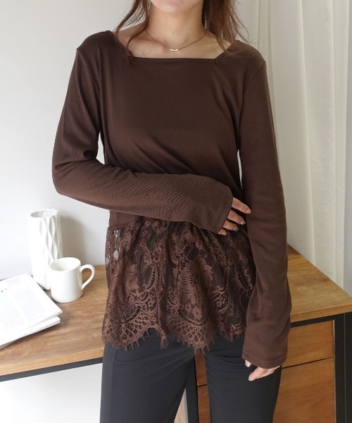 CORNERS(コーナーズ)の「前後2way裾レース長袖リブトップス(Tシャツ/カットソー・レディース・ブラウン/オフホワイト/ブラック・M)」の10枚目の写真