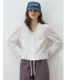 FRILL NECK LACE PINTUCK COTTON BLOUSE WHITE