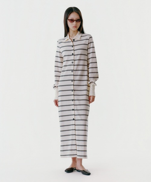 UNUS(ユナス)の「UNUS / Multi Border Polo Maxi Dress(ワンピース・レディース・チャコールアッシュ/キナリ・FREE)」の1枚目の写真