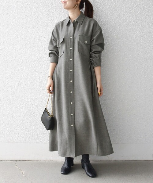 洗濯機可能〉ウールライク ポケット フレア ロング ワンピース［NAVY