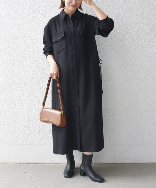 洗濯機可能〉ウールライク ポケット フレア ロング ワンピース［NAVY