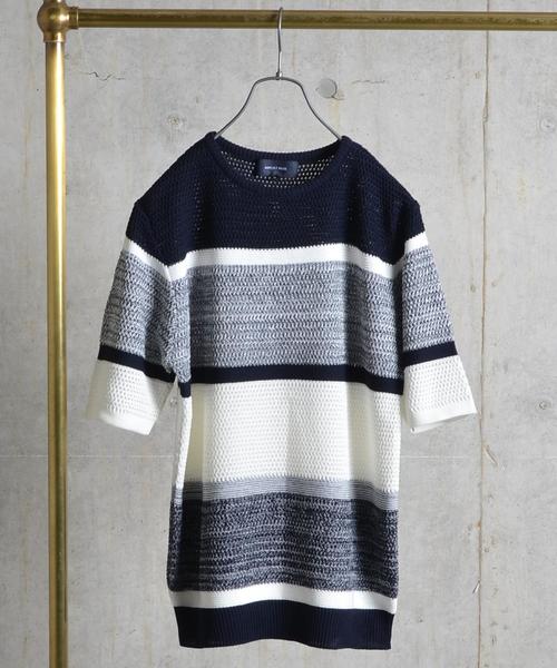 SHIPS JET BLUE（シップスジェットブルー）の「SHIPS JET BLUE: ランダムボーダー ショートスリーブ ニット■（ニット/セーター・メンズ・ホワイト/ダークグレー/ネイビー/オリーブ・SMALL/MEDIUM/LARGE）」の4枚目の写真