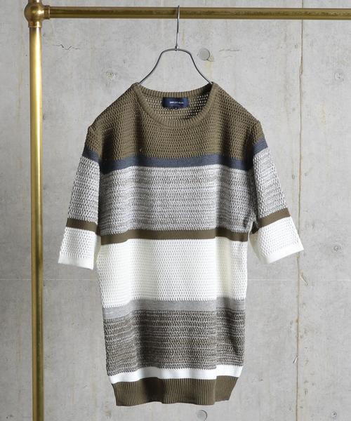 SHIPS JET BLUE（シップスジェットブルー）の「SHIPS JET BLUE: ランダムボーダー ショートスリーブ ニット■（ニット/セーター・メンズ・ホワイト/ダークグレー/ネイビー/オリーブ・SMALL/MEDIUM/LARGE）」の3枚目の写真