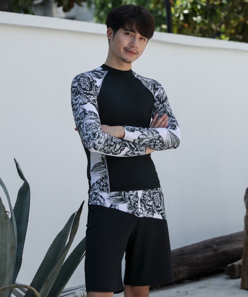 Teddyshop テディショップ の メンズ水着 モノトーンフラワー柄フィットネス長袖トップス パンツ 2点セット 水着 Wear