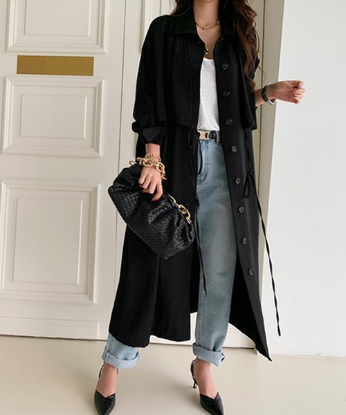 Jewelobe（ジュエローブ）の「レイヤード風ロングシャツジャケット（ワンピース対応）（ステンカラーコート・レディース・ブラック/アイボリー/モカ・FREE）」の4枚目の写真
