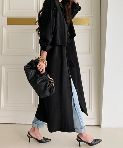 Jewelobe（ジュエローブ）の「レイヤード風ロングシャツジャケット（ワンピース対応）（ステンカラーコート・レディース・ブラック/アイボリー/モカ・FREE）」の15枚目の写真