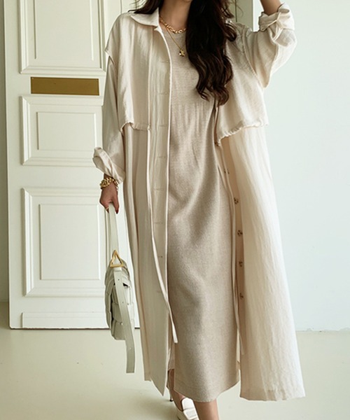 Jewelobe（ジュエローブ）の「レイヤード風ロングシャツジャケット（ワンピース対応）（ステンカラーコート・レディース・ブラック/アイボリー/モカ・FREE）」の16枚目の写真